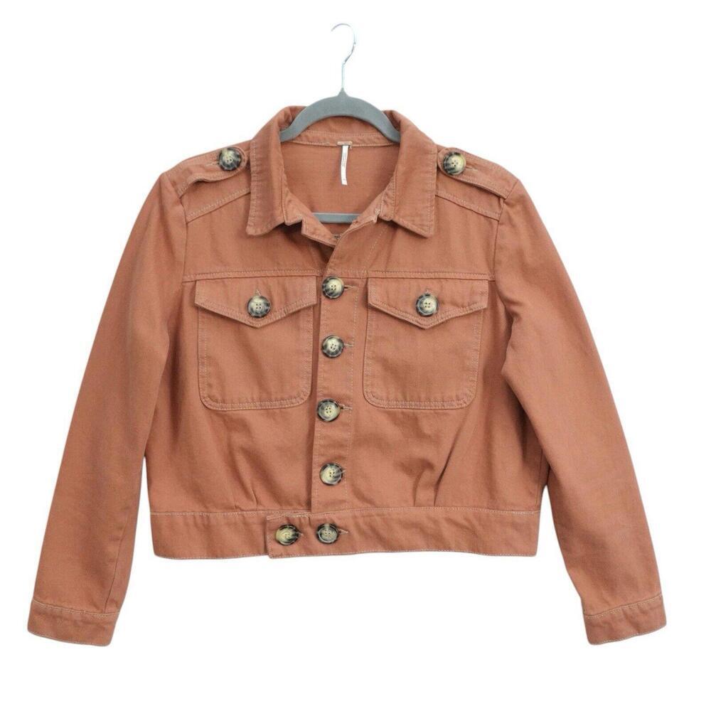 Free People Women's Jean Jacket Orange Button Pockets Collared Denim Cropped XS